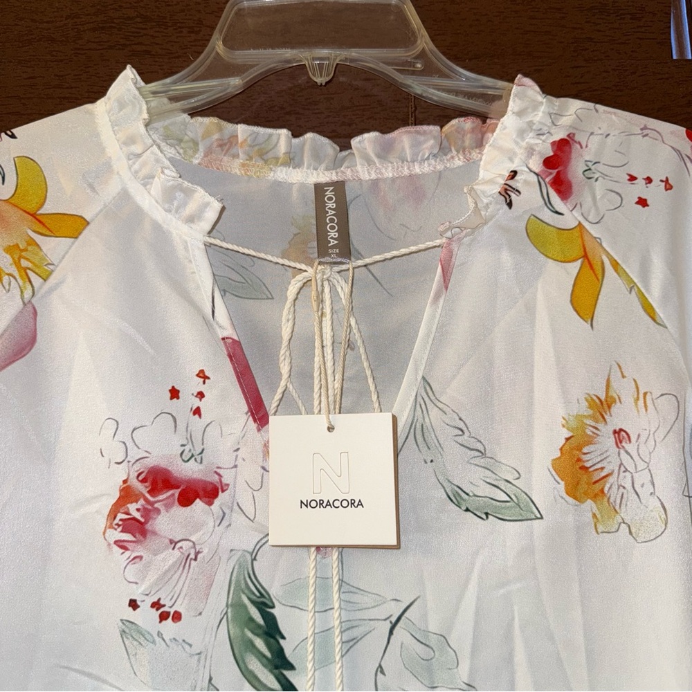 NWT Noracora White Floral Midi Half-Sleeve V-Neck Polyester Dress w/ Tassel XL - Picture 4 of 9